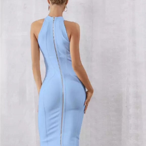 NEW! DESIGNER COUTURE LIGHT BLUE HALTER BANDAGE DRESS HIGH NECK DRESS BABY BLUE - Picture 3 of 6
